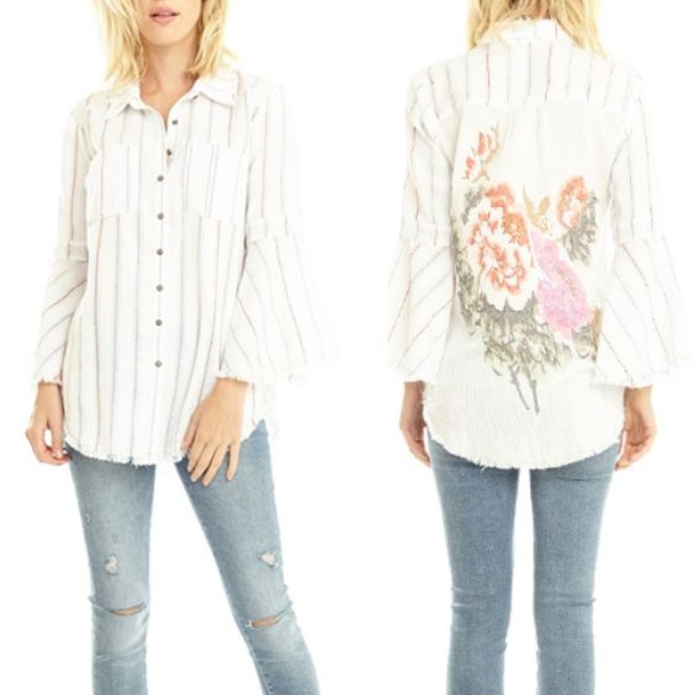 Aratta Los Angeles Shirt • Small NWT • Embroidered • Bell Sleeves • Floral